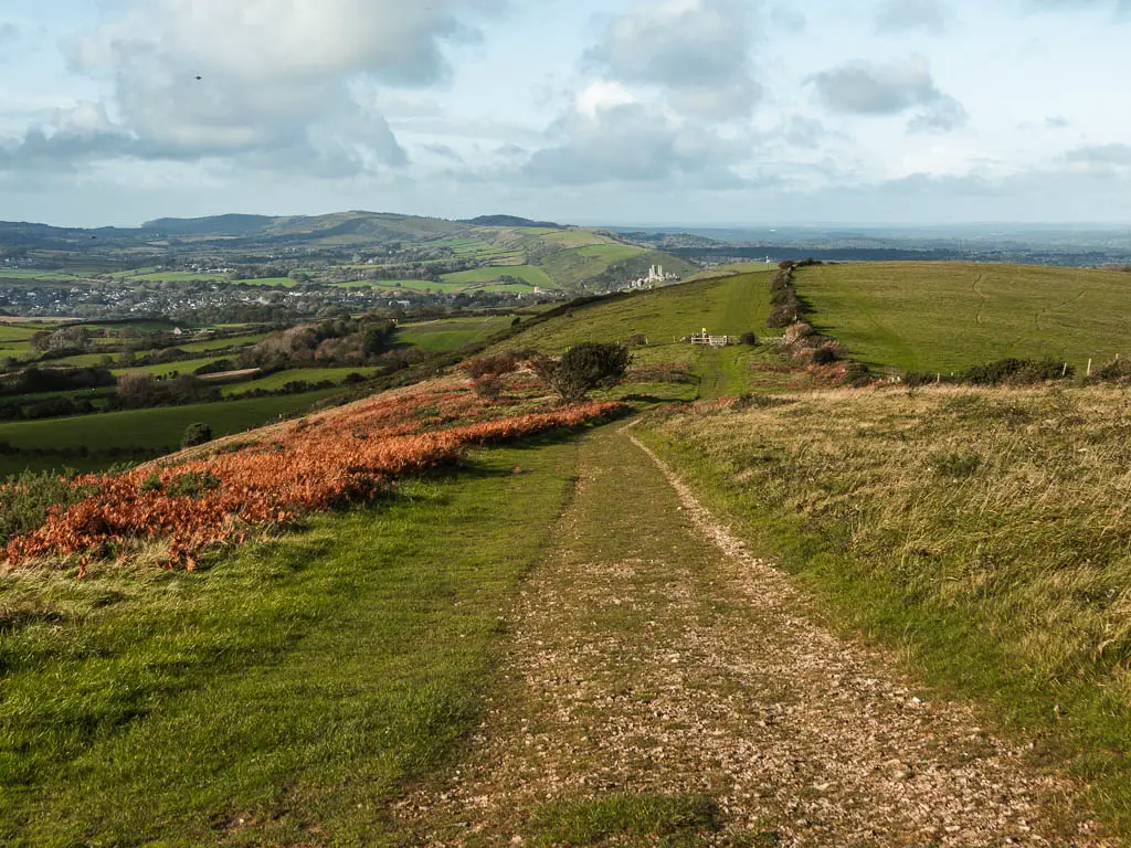 Looking down the grass trail with a view to Corfe Castle and the undulating grass fields in the distance, on the walk towards Swanage.