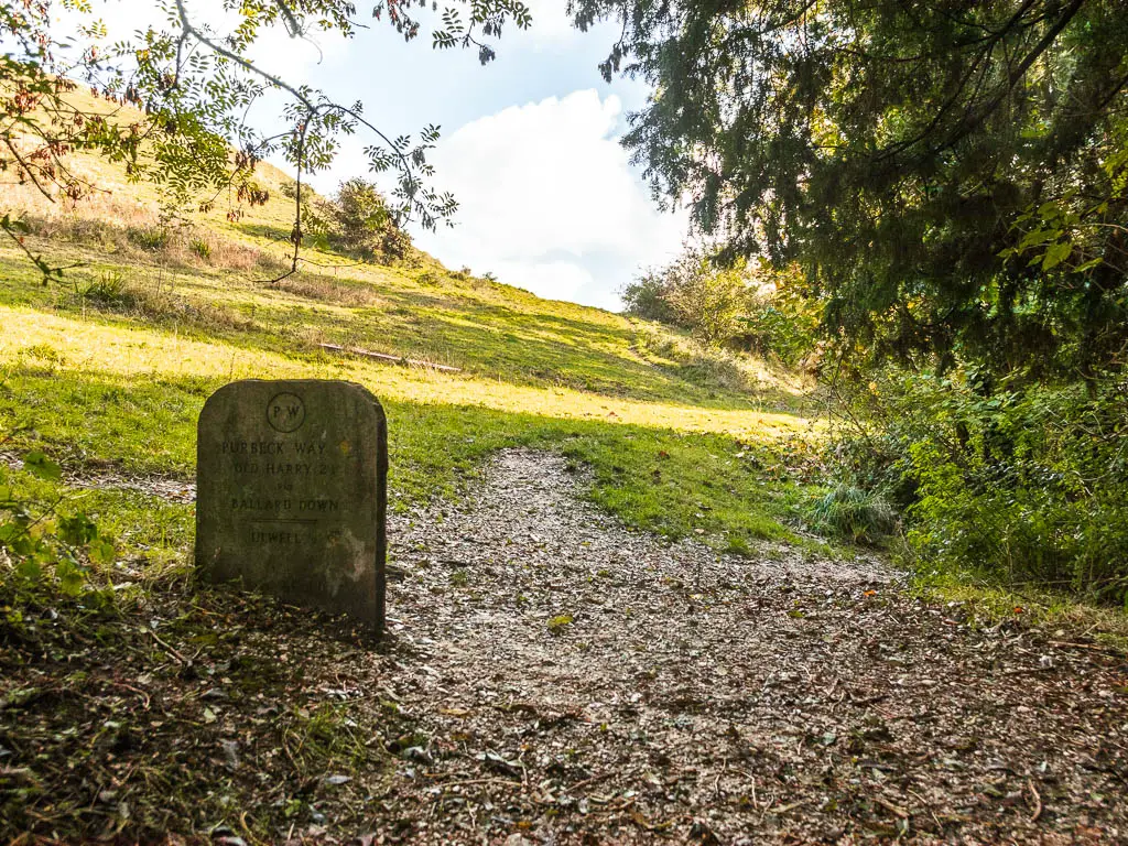 A stone trail sign on the dirt path, with a grass hillside ahead. 