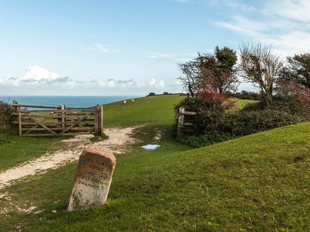 A leaning stone trail sign on the grass, with an open gate ahead and a field on the other side.