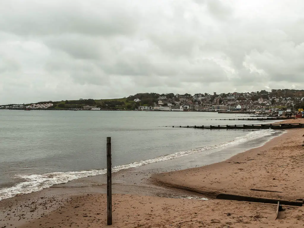 Looking across the sand to the sea in Swanage, at the end of the walk rom Corfe Castle. 