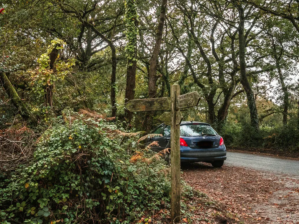 A wooden trail sign post pointing back to walk to Wareham, and into the bush on the left to walk to Corfe Castle. There is a road behind it with a blue car parked.