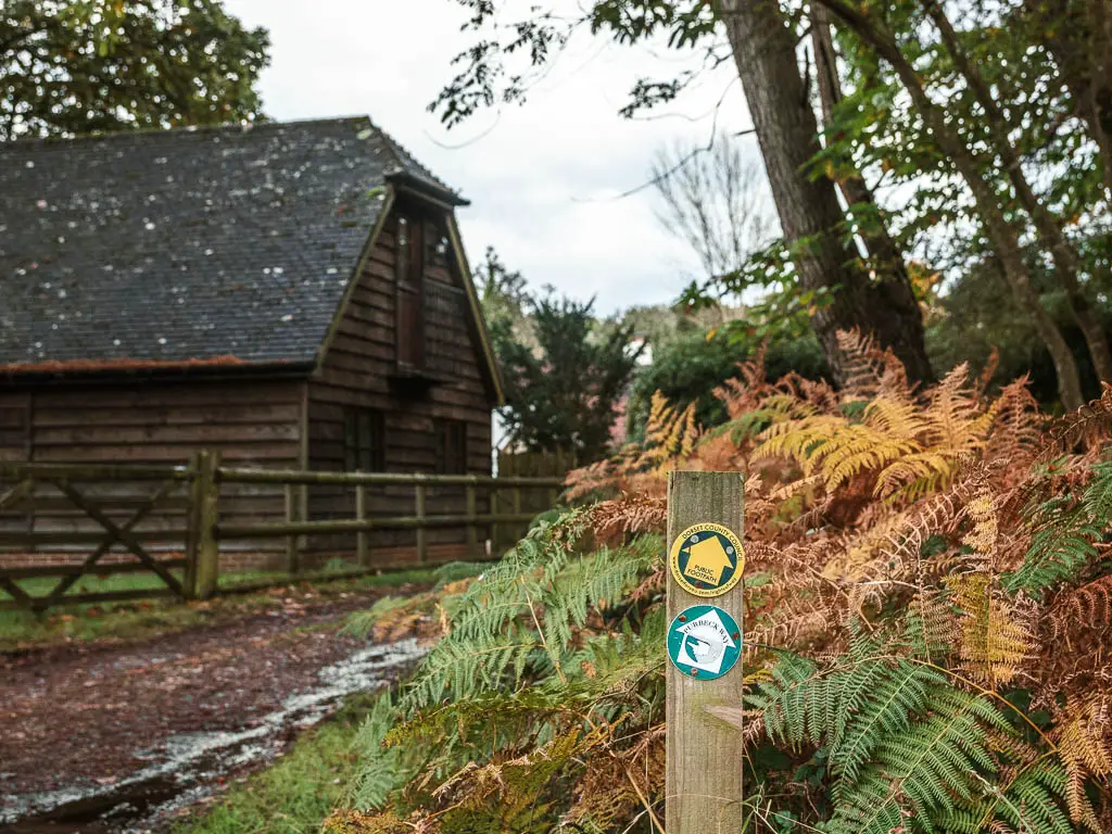 A wooden stump sign in front of a fern bush, with two arrow signs pointing ahead for the Purbeck Way, There is a path on the left, and a green barn behind a wooden fence to the left of it.