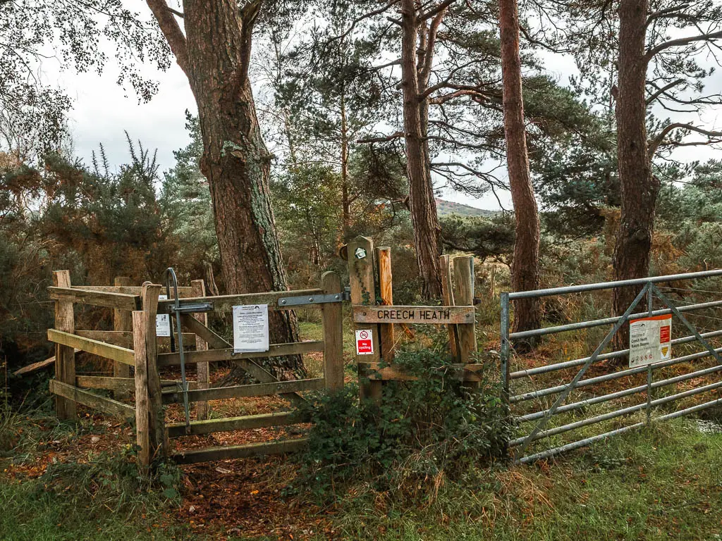 A wooden fence and gate, with writing on it saying 'Creech Heath, on the walk towards Corfe Castle from Wareham. There are trees on the other side of the fence.