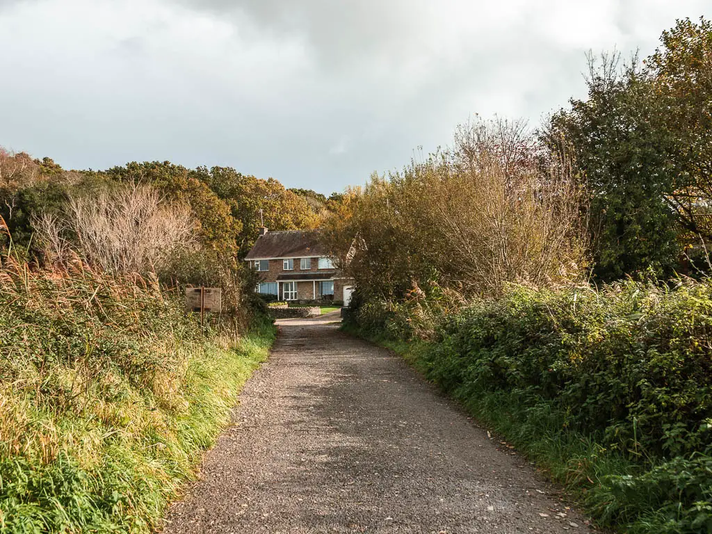 A wide gravel path lined with bushes, and a house on the other end, when walking out of Wareham.