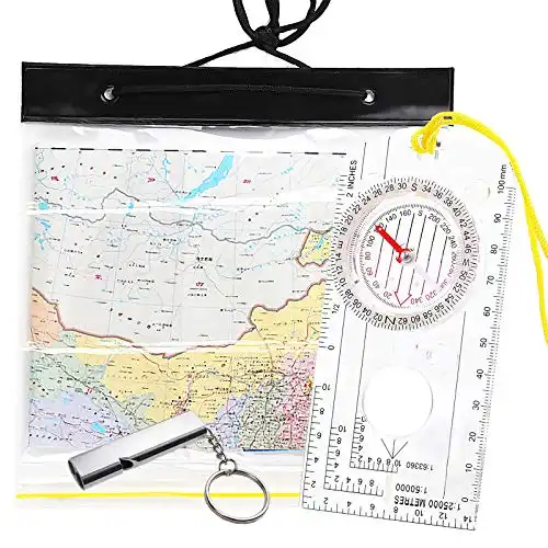 Compass with Waterproof Map Case Bag and Emergency Whistle