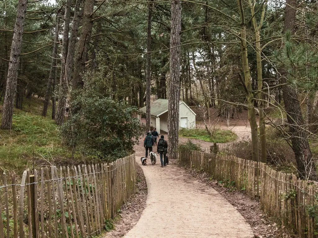 A path with people walking along it ahead. The path is lined with a wooden fence on both sides, and leads through the woods. There is a toilet hut ahead.