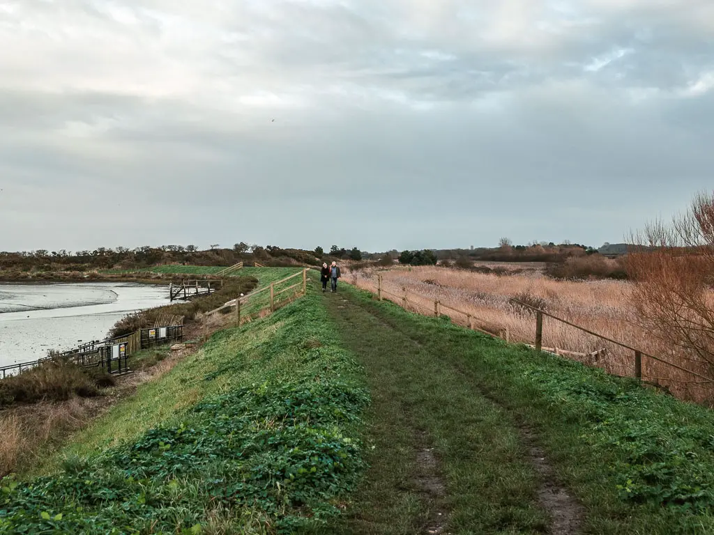 A grass ridge trail, with some people walking along it ahead, near the end of the walk from Burnham Overy Staithe to Blakeney.