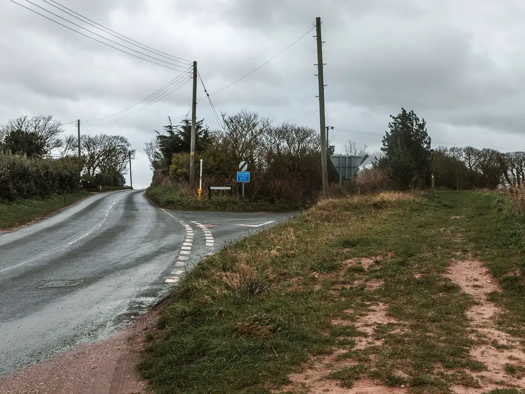 A road on the left, and grass walking strip on the right.