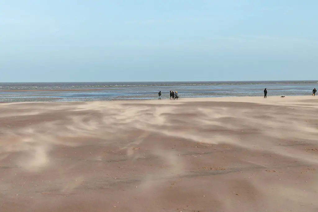 Looking across the light beige sand with striations of cream where the sand is being blown by the wind, early on in the walk from Hunstanton to Burnham Overy Staithe.The sea is ahead, and there are a few people walking along the shoreline.