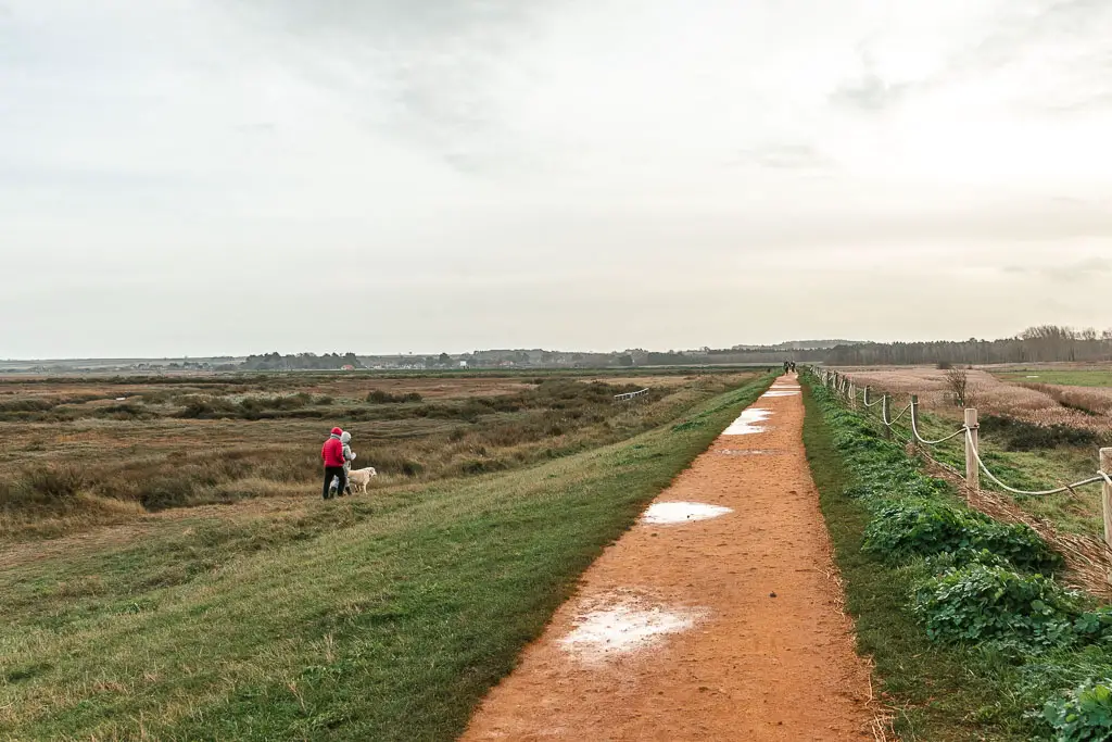 A long straight path on a ridge, with grass leading down the side to the left towards the marshes. There are two people and a dog walking along the bottom of the ridge.