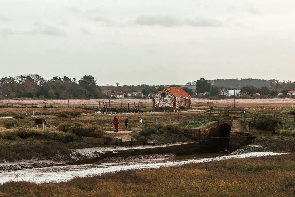 Looking across the marshes to a small hut on the other side of a river ahead. 