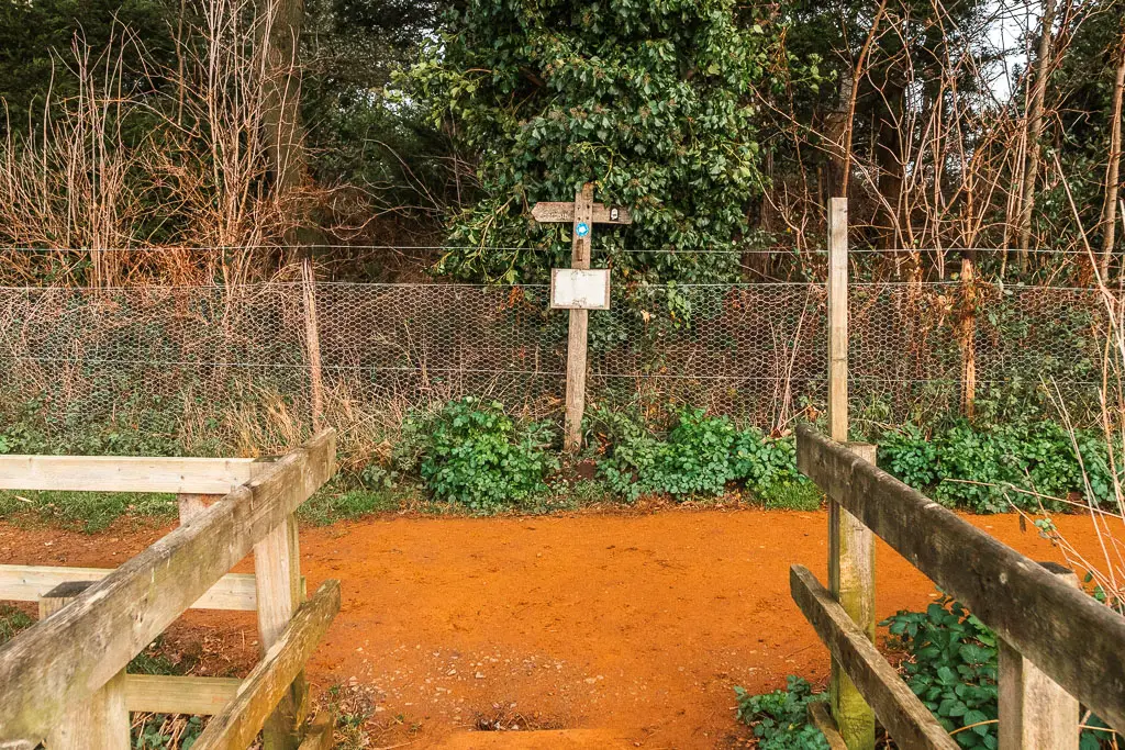 An orange path running across the screen with a wire fence and wooden trail signpost on the other side. 