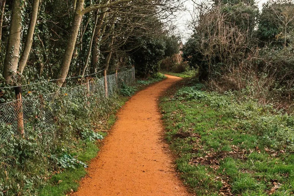 An orange path carving ahead, lined with grass and bushes on the right, and a wire fence and trees on the left.