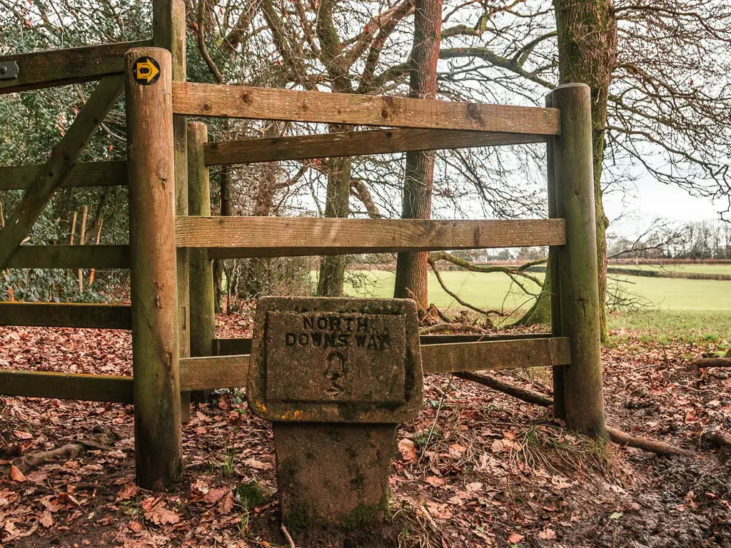 A wooden gate, and stone trail marker  below it. The ground is covered in brown fallen leaves.