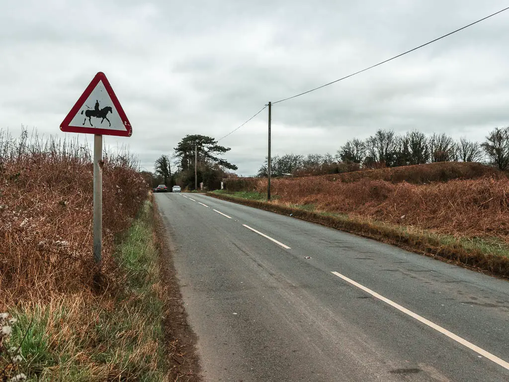 Looking along a straight road, lined with leafless hedge. There is a red triangle road sign on the left, with an image of a horse in it.