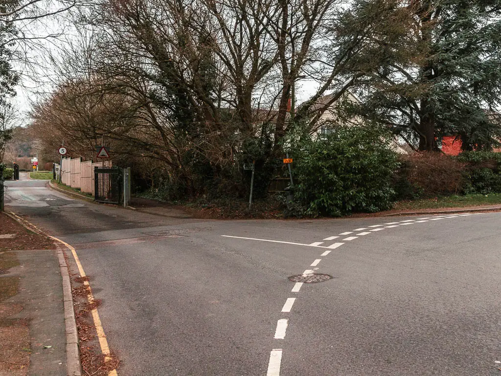 A road corner, with a side road leading off the main road. There is an opening to a trail in the junction. 