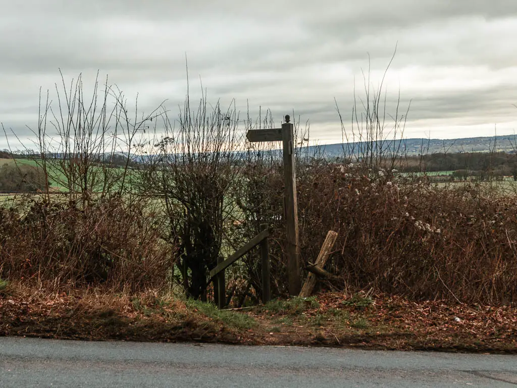 Looking across the road to a hedge on the other side, and wooden trail signpost pointing left.