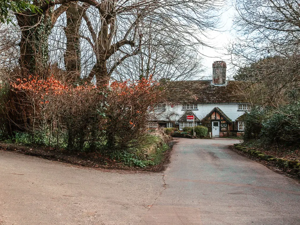 A road split, with a white walled cottage aged, and bushes in the junction, on the walk along the Worth Way.