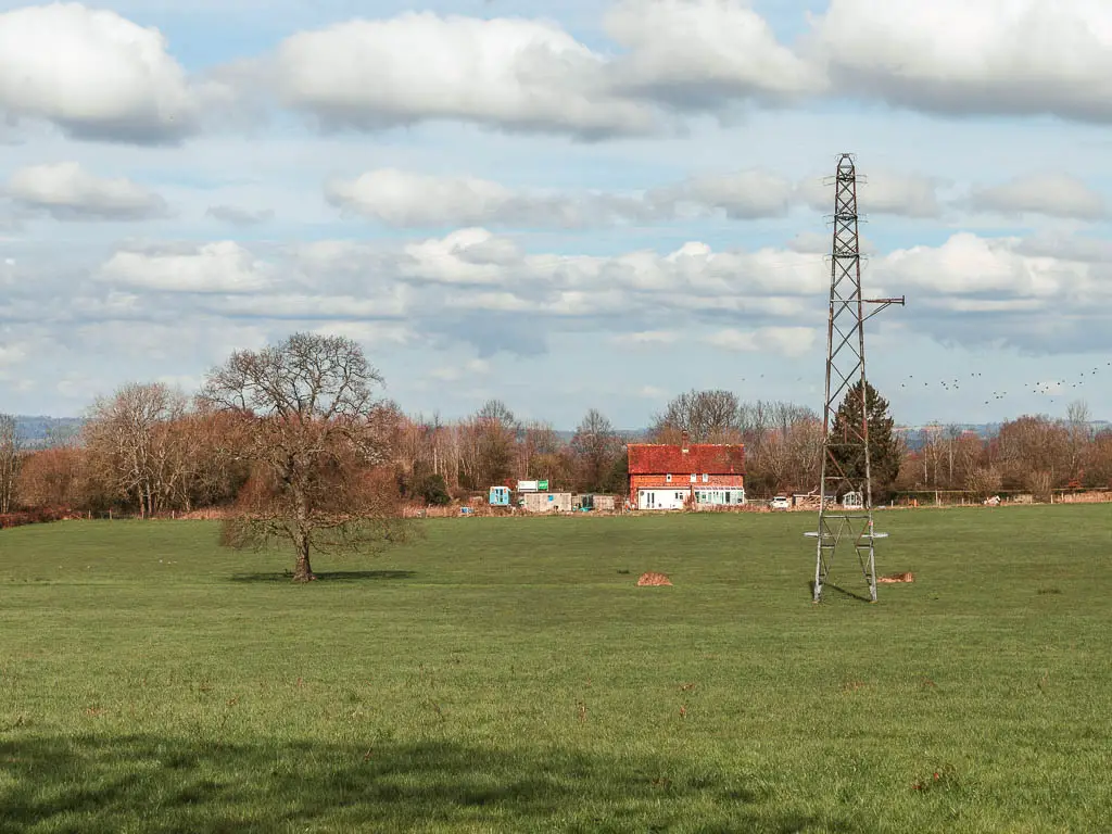 Looking across a large green grass field, to a house on the other side. There is a telephone pylon and tree in the field.