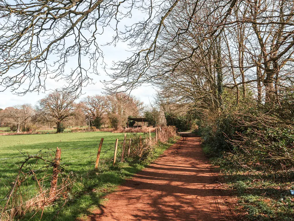 A wide dirt path, lined with bushes on the right, and a fence and big green field to the left when walking along the Worth Way trail.