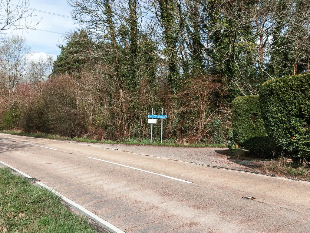 Looking across the road to a side road lined with a hedge. There is a blue signpost next to the side road.