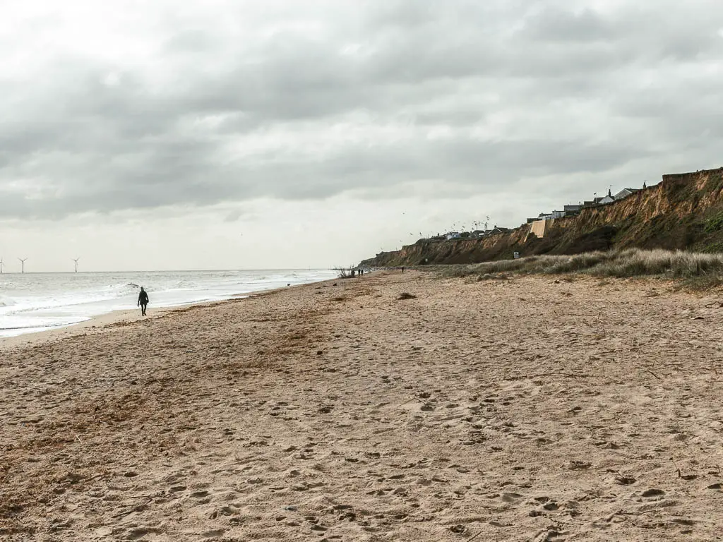 Looking straight along a sandy beach with cliffs to the right and the sea to the left. There is a person in all black walking along the shoreline on the left. 