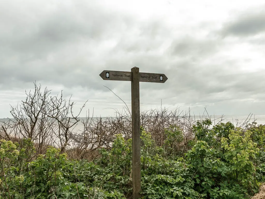 A wooden trail sign pointing left and right. The sign sits in front of short bushes with the sea in the distance behind.