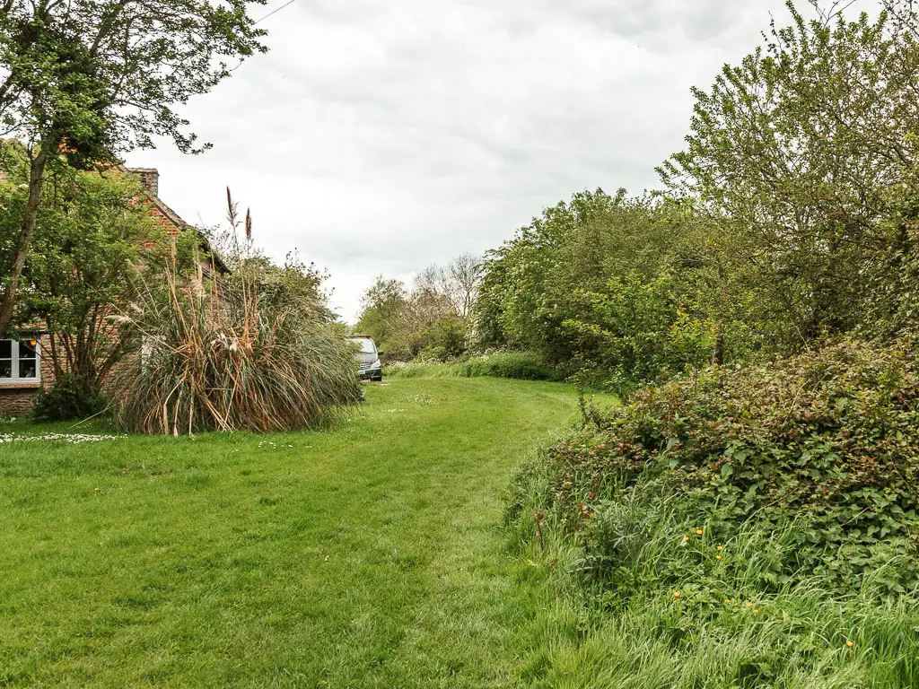 Neatly cut green grass, with bushes on the right, and a partially hidden house on the left.