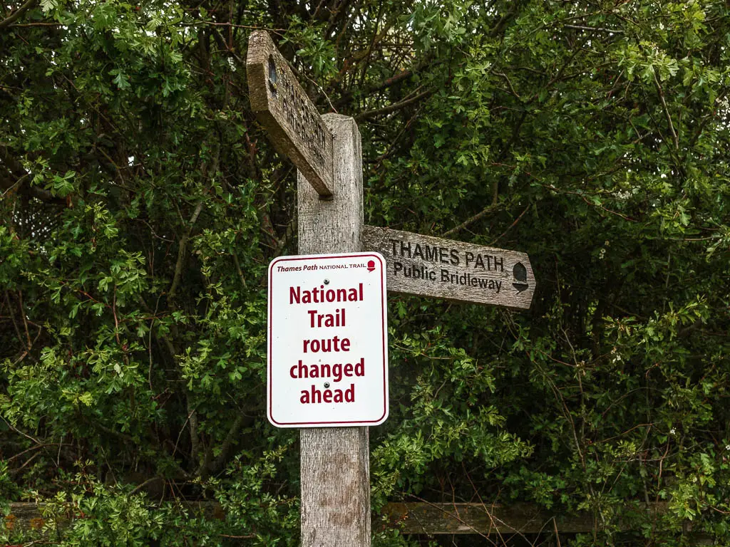 A wooden trail signpost with a sign on it saying 'National trail route changed ahead'. The sign sits in front of a big green leafy bush.