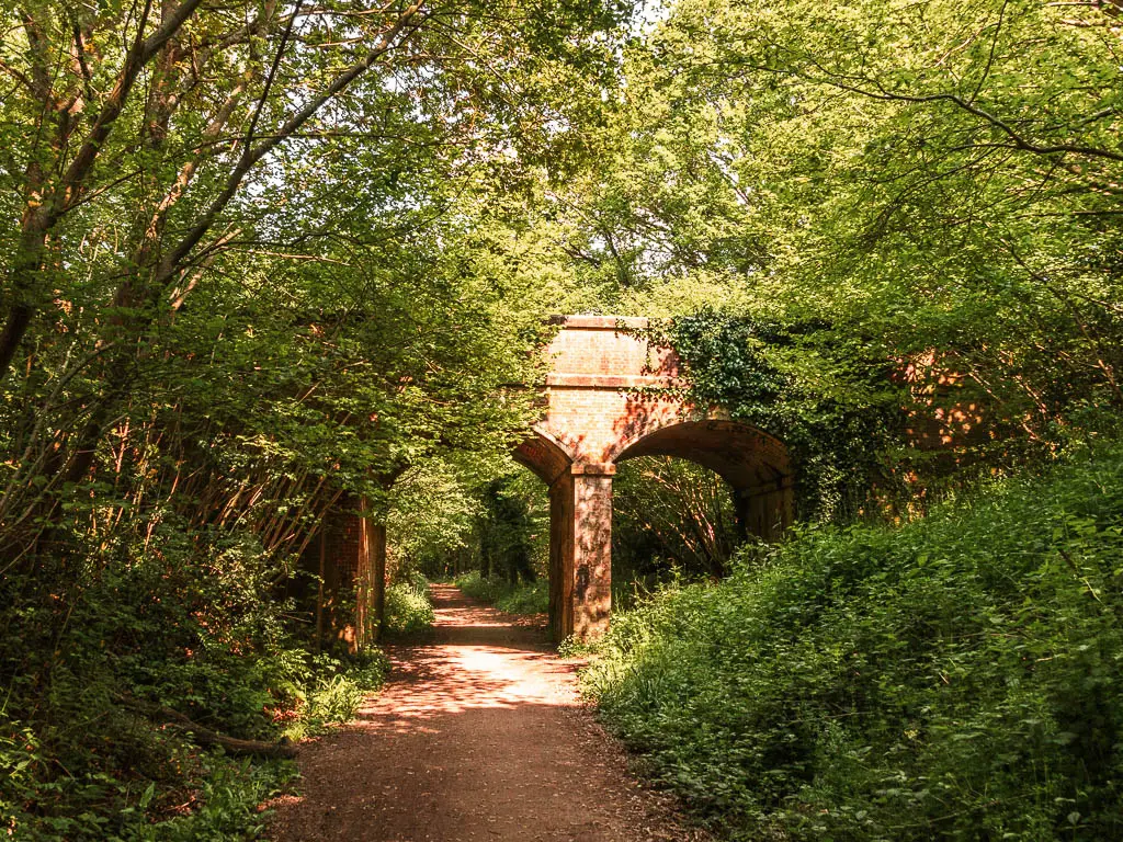 An archway bridge partially hidden by green leafy trees.