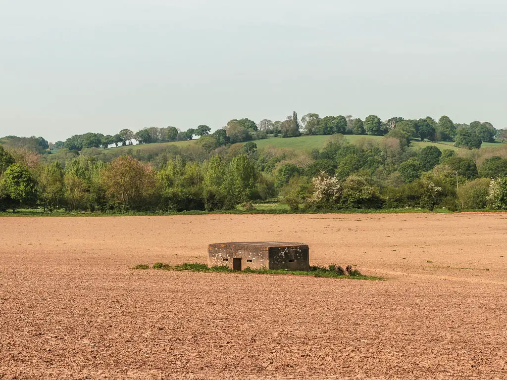 A war pillbox sitting in the middle of a bare crop field, partway through the Forest Way walk. There is a grass tree covered hill on the other side of the field.