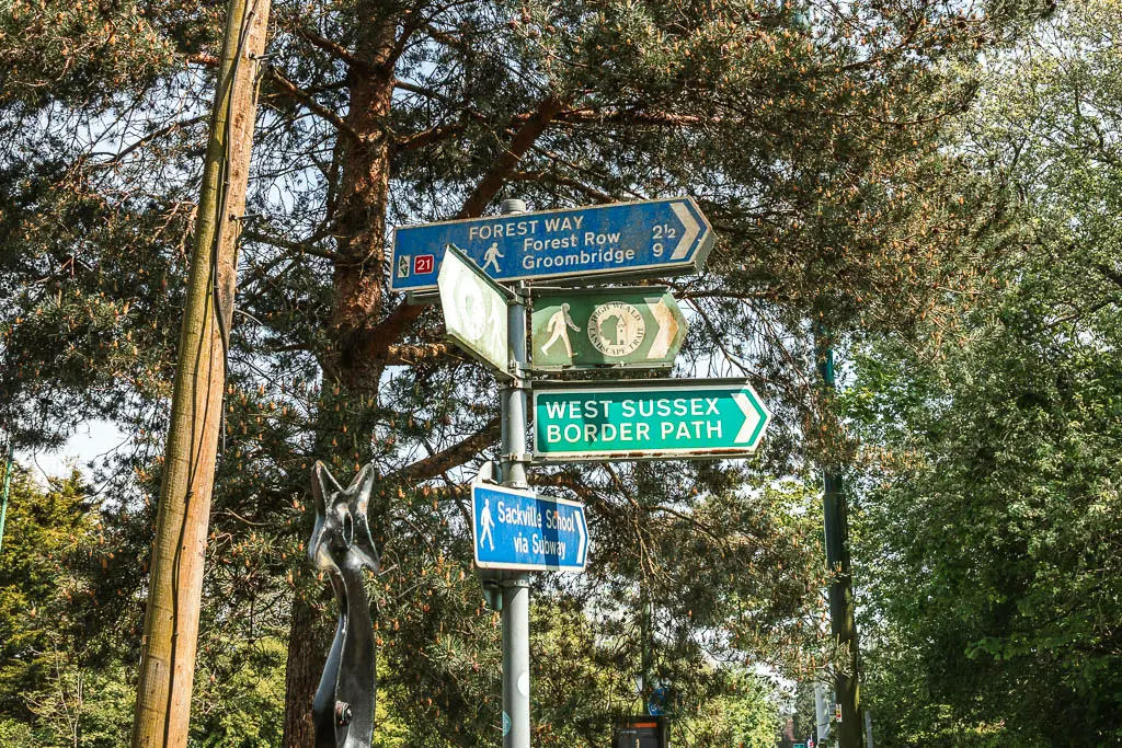 A trail signpost, with a blue sign pointing right to walk to Groombridge along the Forest Way.