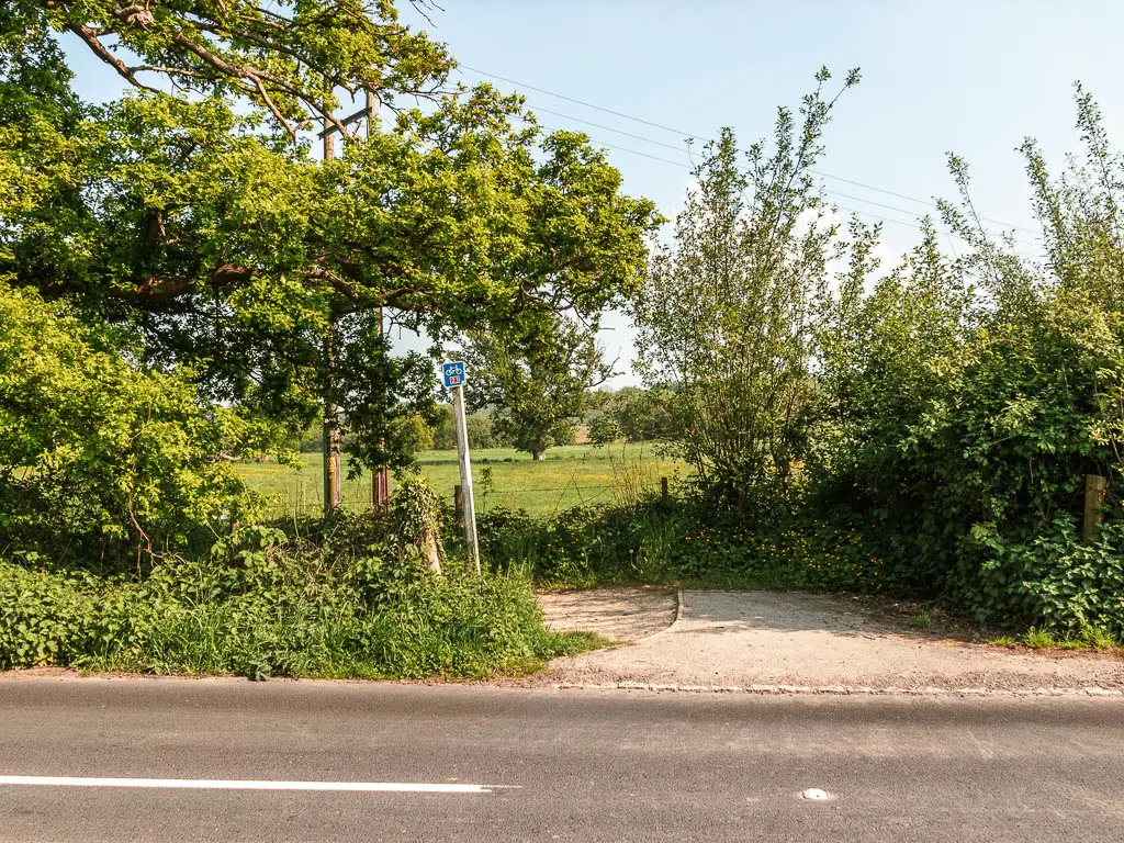 Looking across a road to the trail on the other side. the trial is lined with bushes and grass. There is a cycling trail signpost next to the trail.