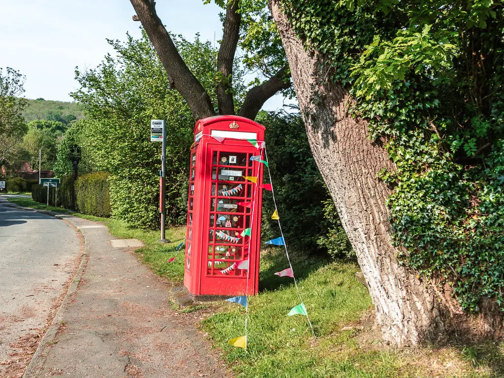 A red telephone box on the right side of the road, with bunting hanging off it. The bus stop pole is behind the telephone box. There is a large tree trunk to the right.