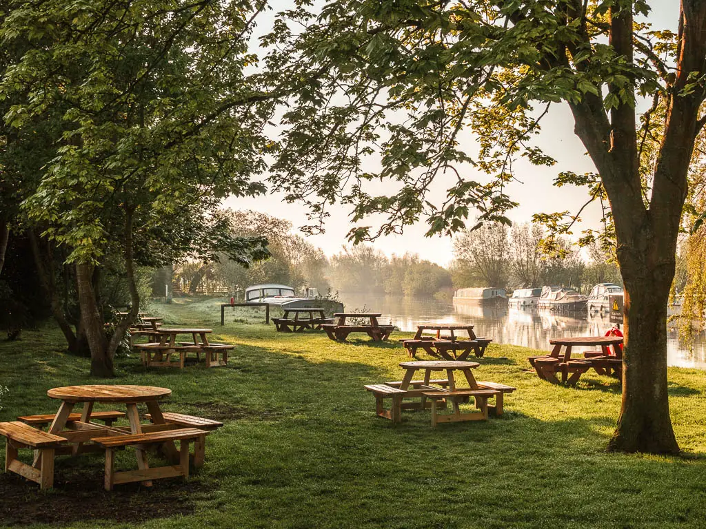 A green field with a few wooden picnic benches and big trees at the start of the walk from Newbridge to Oxford. The river is on the other side. The benches are under the tree shadow and light is shining down ahead.