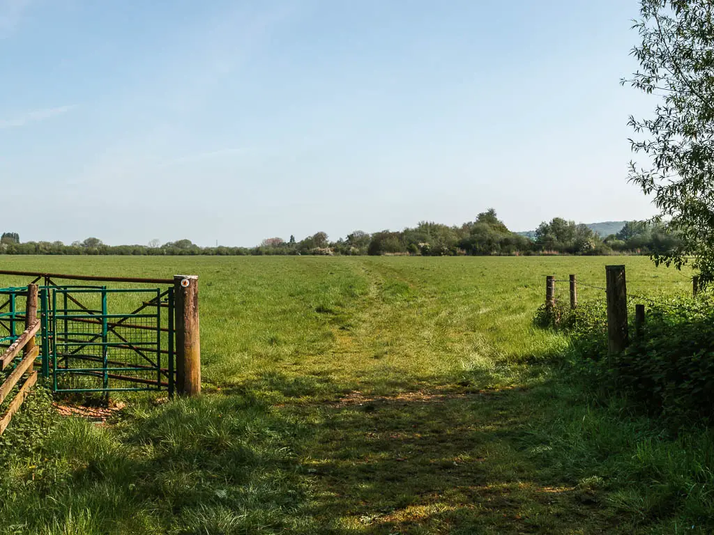 An open gate leading to a large green grass field.