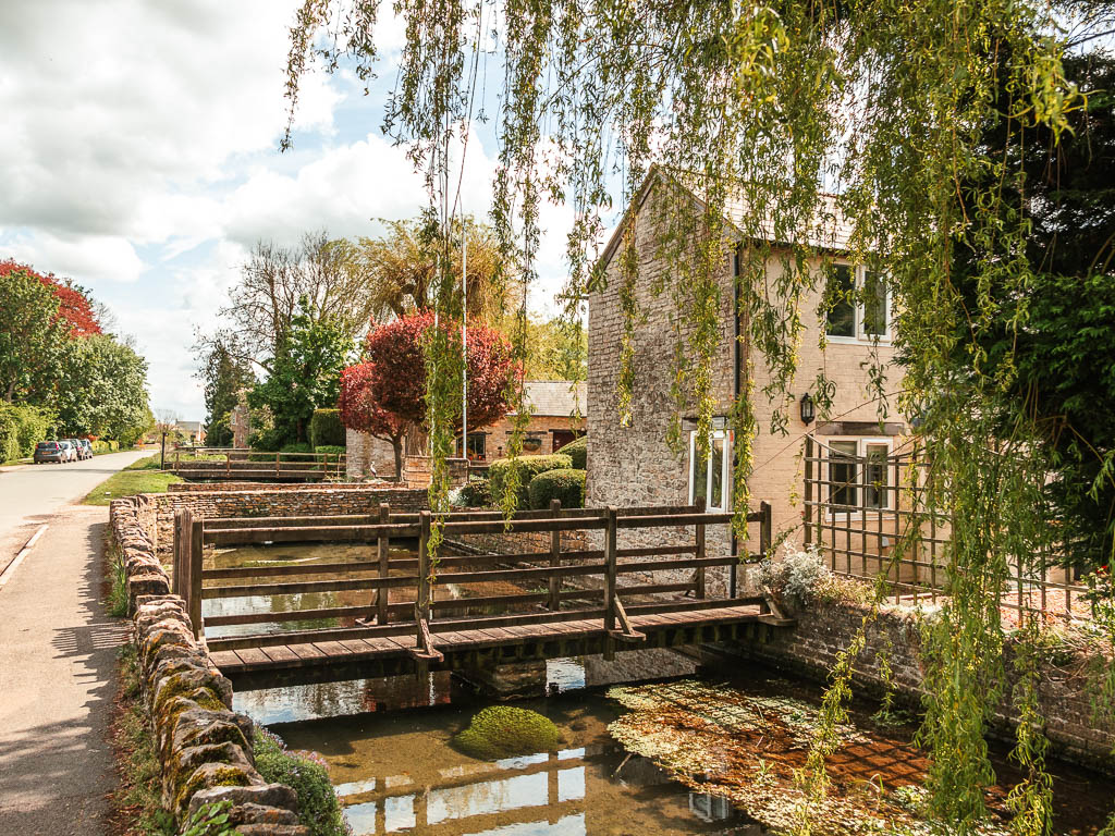 The river with small wooden bridge crossings leading to some small houses on the right on the walk from the source to Cricklade. There is a weeping willow tree hanging down in the frame.