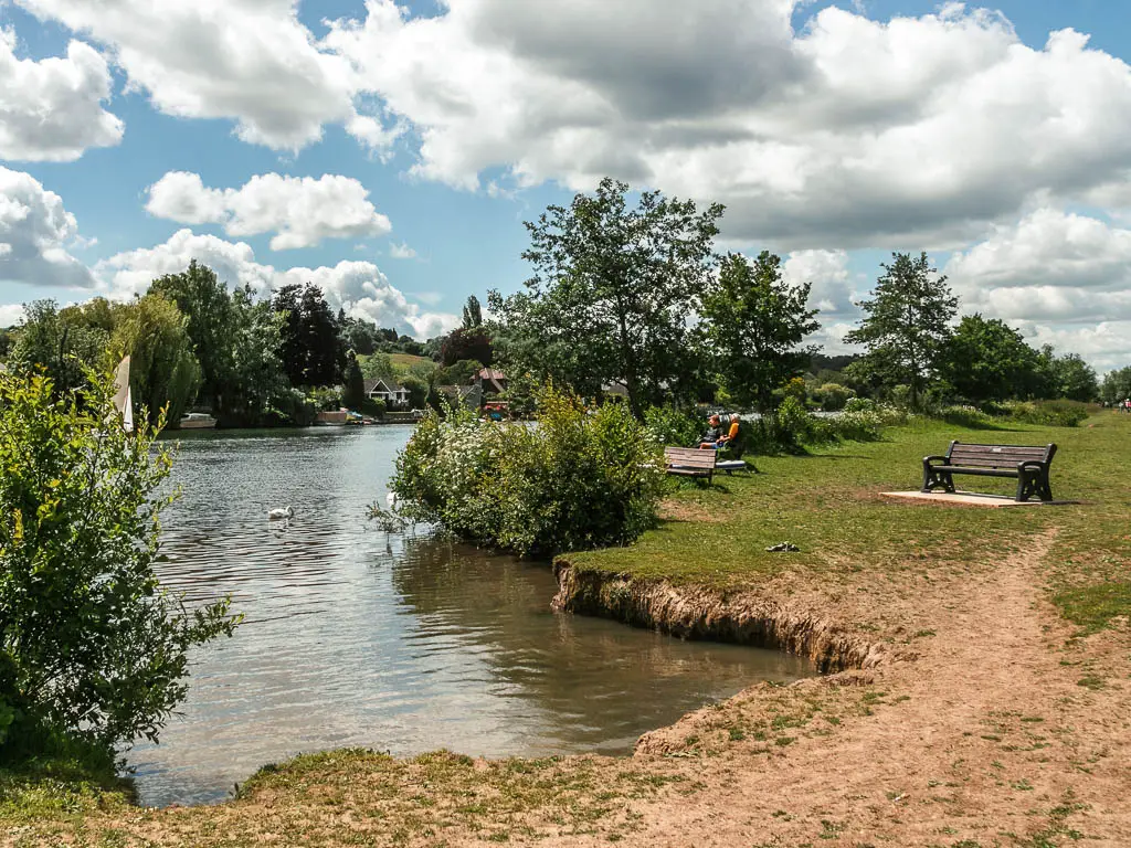 Looking along the river bank with the river to the left and field to the right. The bank is lined with a few bushes. There is a bench facing the river.