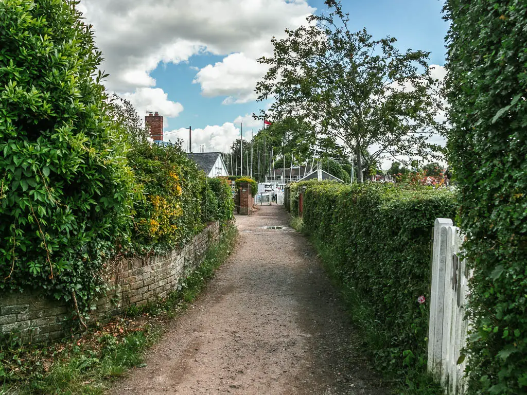 A wide dirt path lined with hedges and a small brick wall. Some houses are visible ahead.