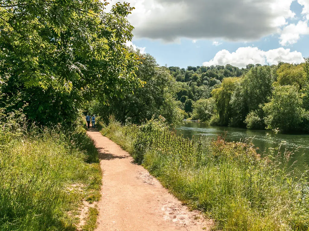 A path leading ahead to the left, lined with tall grass and masses of trees had. The river is to the right.