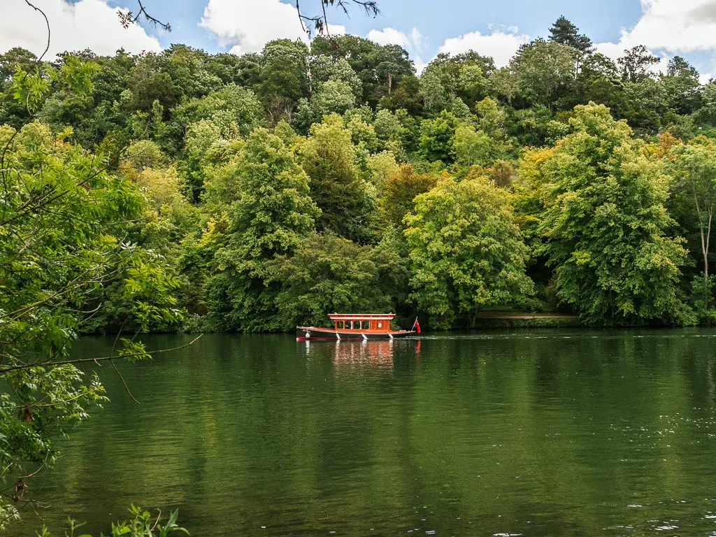 Looking across the river to a mass of green leafy trees on the other side, on the walk from Marlow to Maidenhead. There is a small red boat on the river. The river is a shade of green.