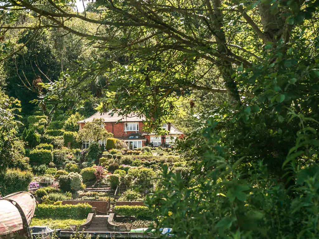 Looking through a gap in the trees to a grand house with opulent front lawn with shaped hedges in front.