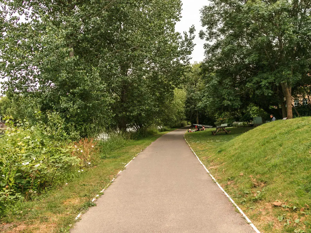 A wide path with a green grass bank to the right and bushes to the left, and trees on both sides ahead.