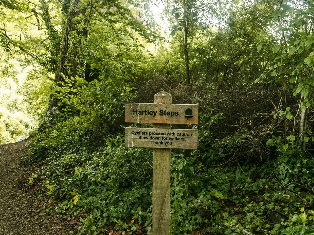 A wooden sign saying 'Hartley steps' sitting in front of green leafed bushes.