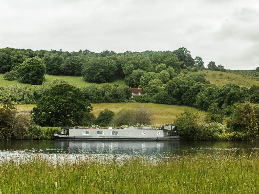Looking over the tall grass to the river and light grey barge moored to the other side, when walking from Goring and Streatley to Reading. On the other side of the river is a hill with fields lined with big bushy trees.