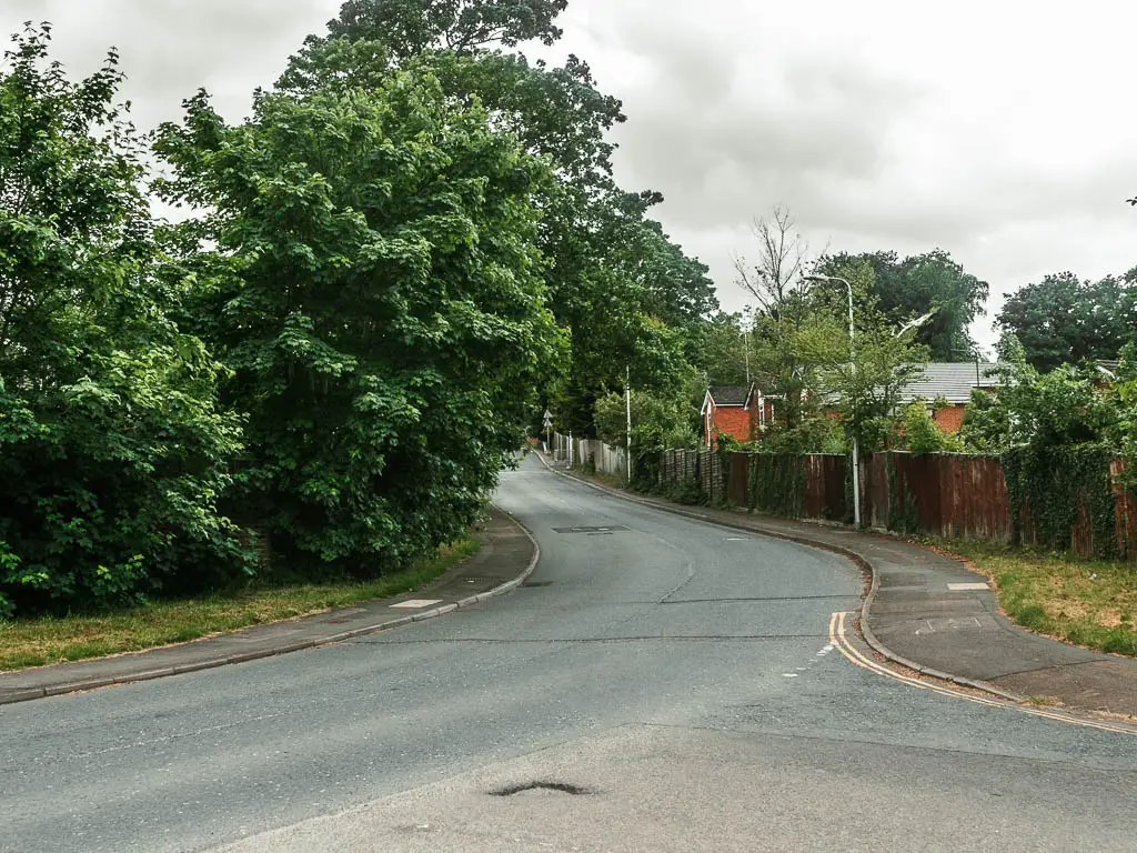 A road curving ahead lined with a pavement on both sides. There are big leafy trees on the left side of the road, and wooden fence on the right side.