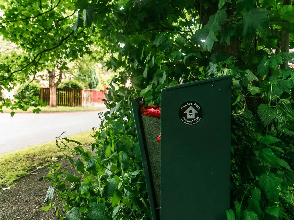A black thames path sticker on a green dog poo bin. The white arrow is pointing ahead. The bin is surrounded by green leaves. The road is to the left.