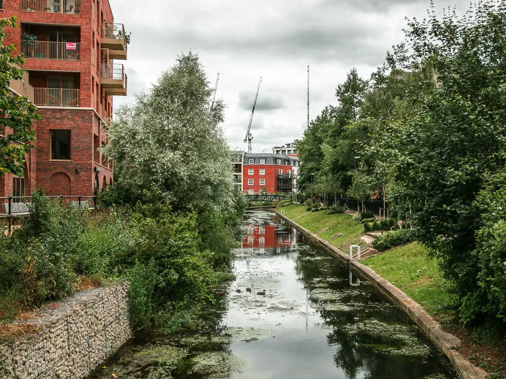 Looking along a strip of water lined with trees, and red bricked apartment budding to the left, and apartment buildings ahead on the other end of the water.