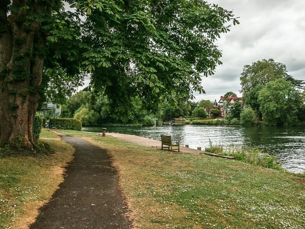 a path on the left leading through the green with the river to the right. There is a big trees on the left side of the path. There is a wooden bench on the green, facing the river.