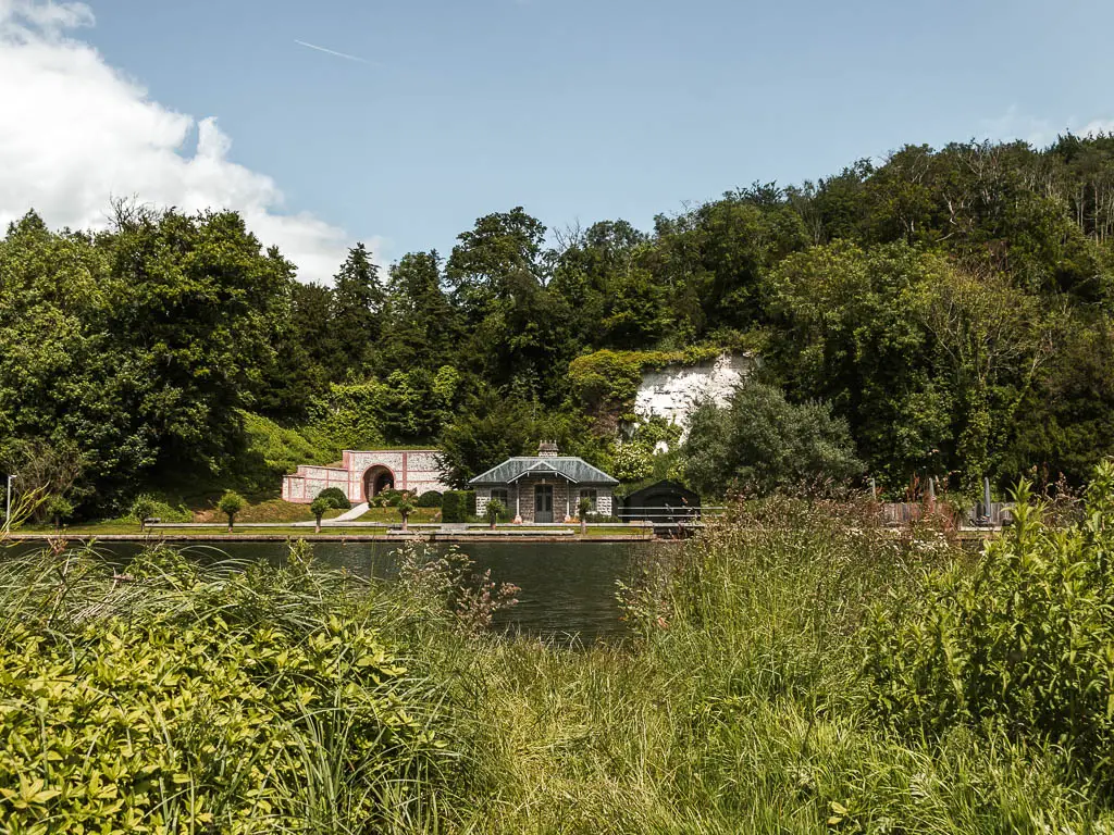 Looking over the tall messy grass to the river and house on the other side, near the end of the walk from Reading to Henley. There is a white cliff and masses of trees behind the house.